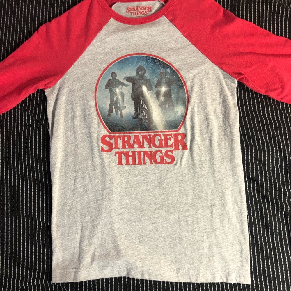 Stranger Things Gray Long Sleeved Baseball Shirt With Red Collar and Sleeves
